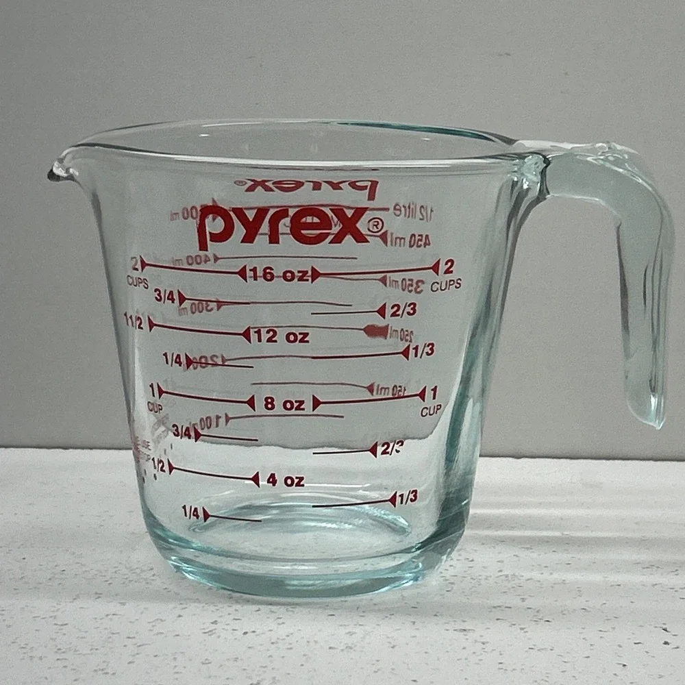 Pyrex 2 Cup 16 oz Glass Red Letter Measuring‎ Cup Open End Handle USA